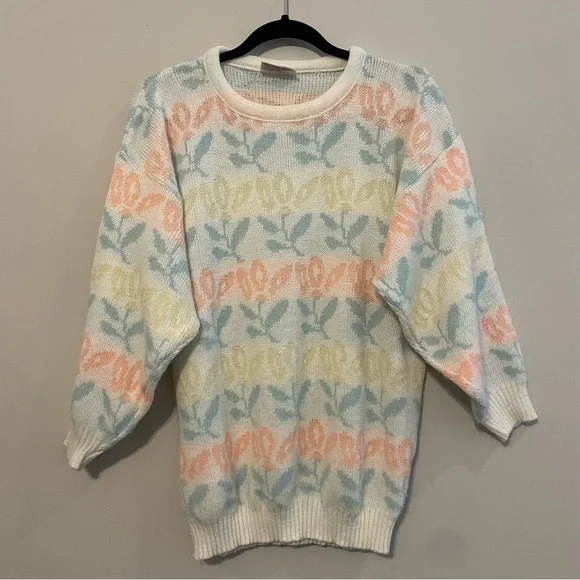 VINTAGE 1980s Justin Allen Spring Cottagecore Pastel Sweater - Size M - Picture 5 of 13